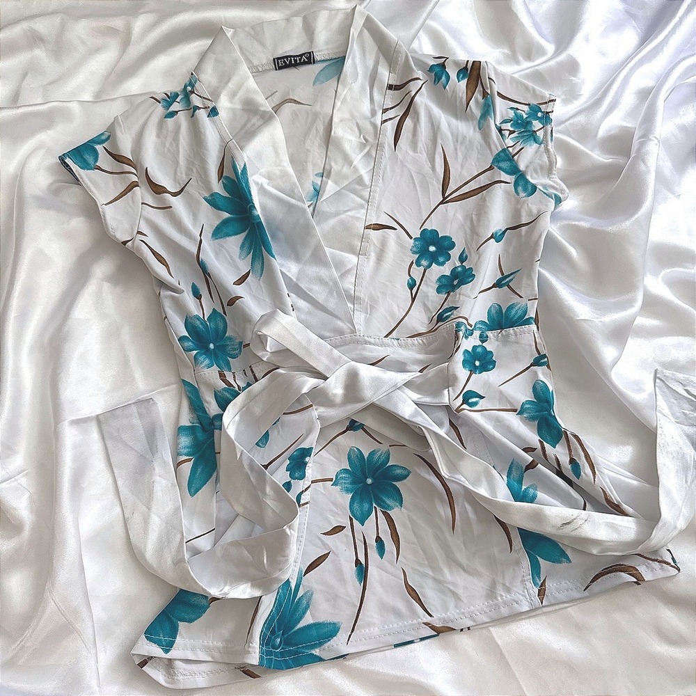 Evita Womens Floral Wrap Top White Turquoise Blue Cap Sleeve Tie Waist Size 12
